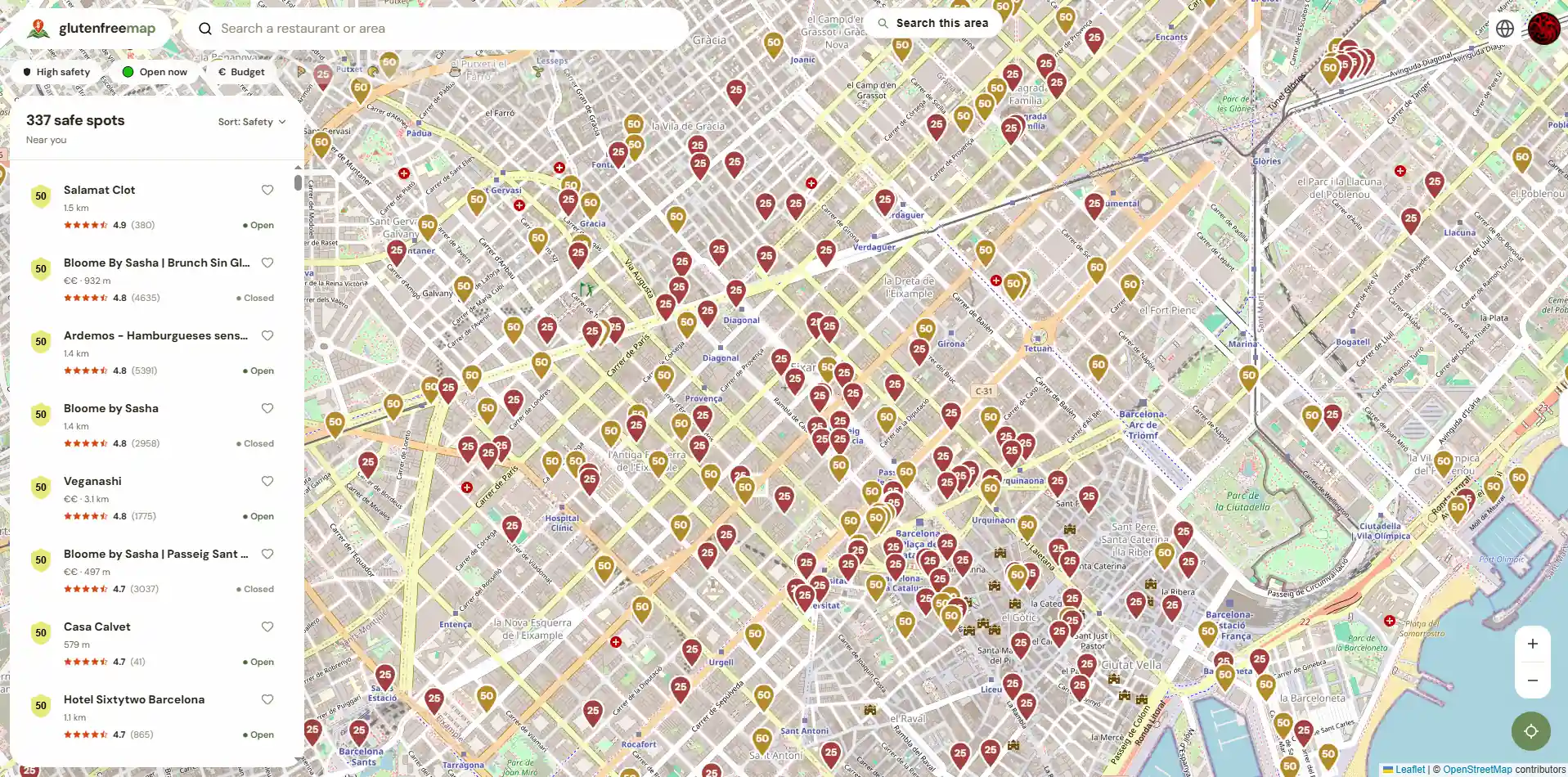 Vista previa del mapa de restaurantes sin gluten